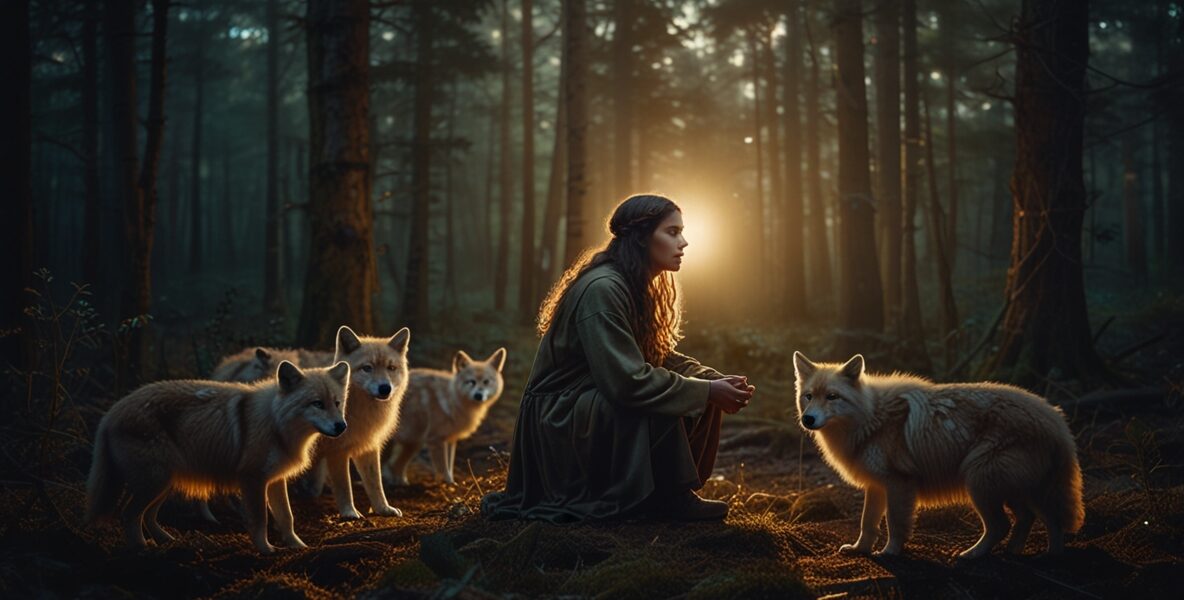 A dreamer kneeling in a forest surrounde 0