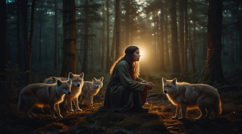 A dreamer kneeling in a forest surrounde 0