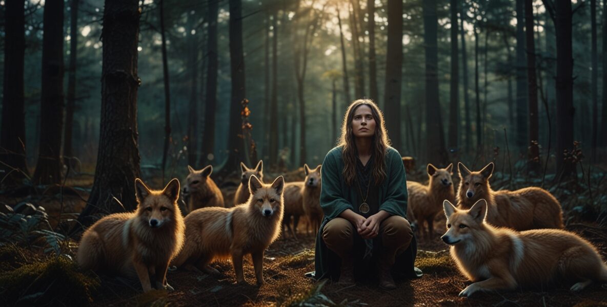 A dreamer kneeling in a forest surrounde 2