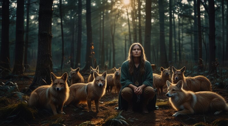 A dreamer kneeling in a forest surrounde 2