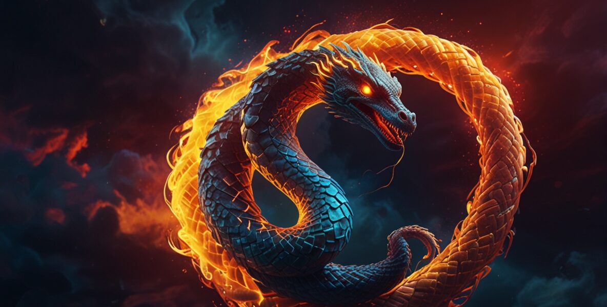 A glowing serpent coiled around a rising 1