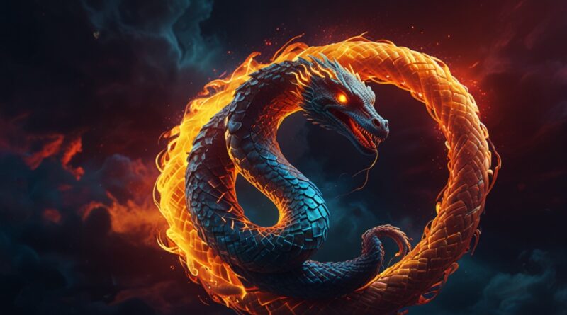 A glowing serpent coiled around a rising 1