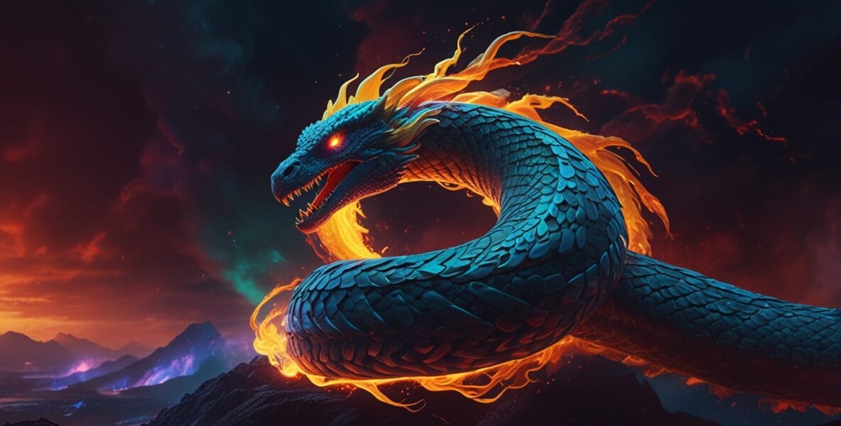 A glowing serpent coiled around a rising 2