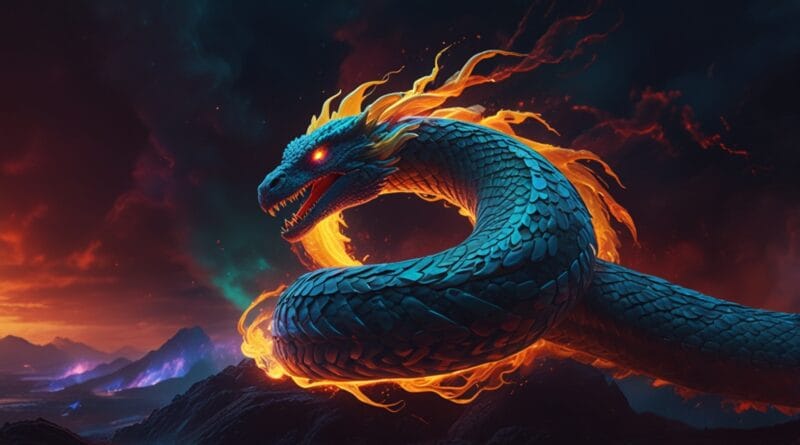 A glowing serpent coiled around a rising 2