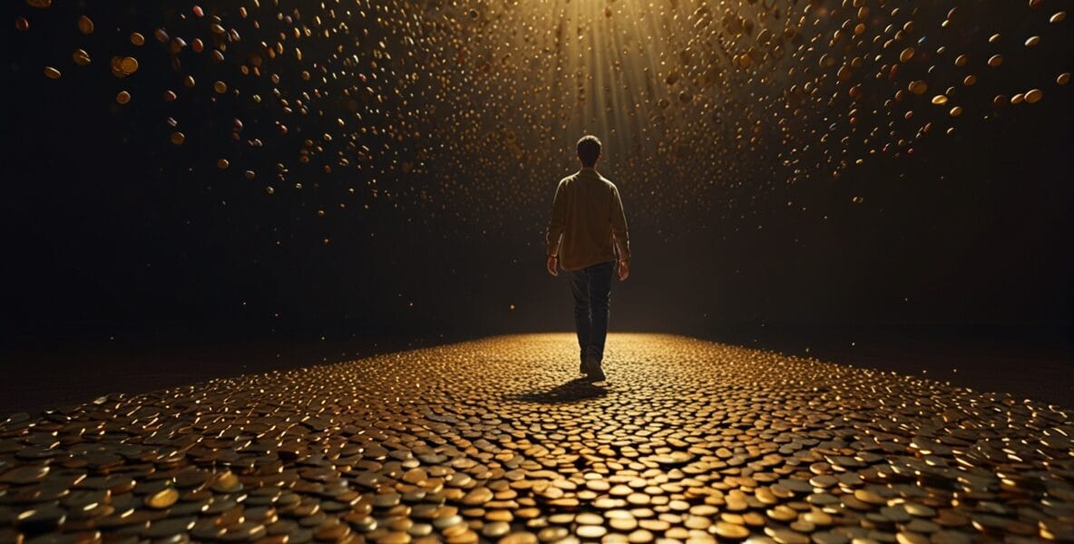 A person walking on a path of floating c 0