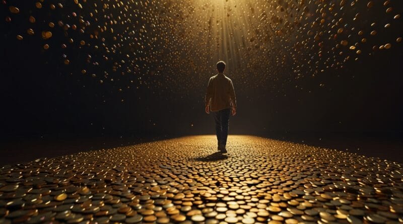 A person walking on a path of floating c 0