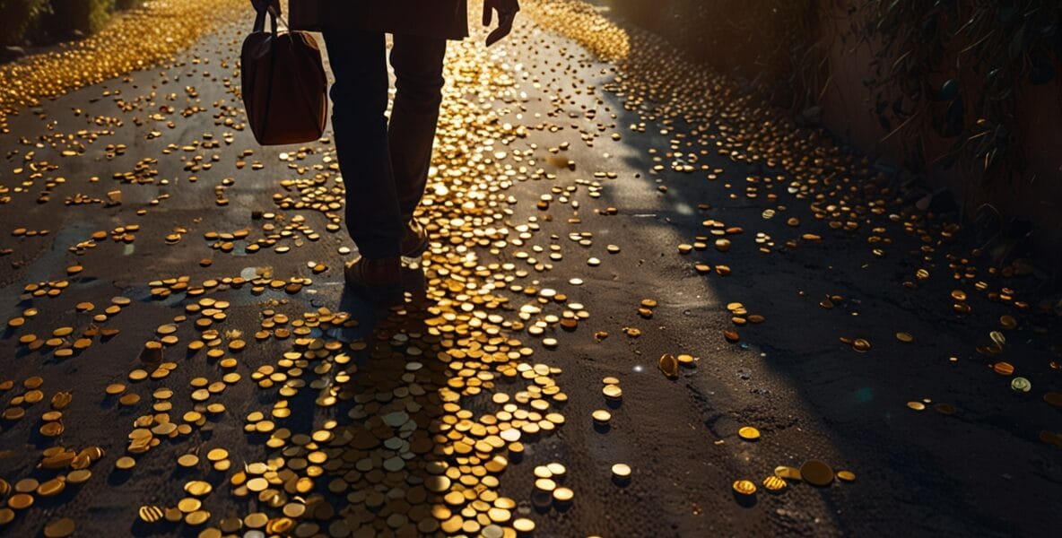 A person walking on a path of floating c 2