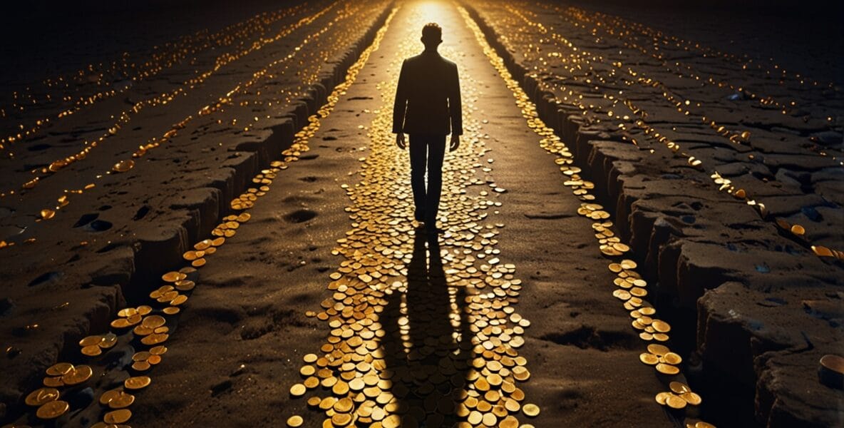 A person walking on a path of floating c 3