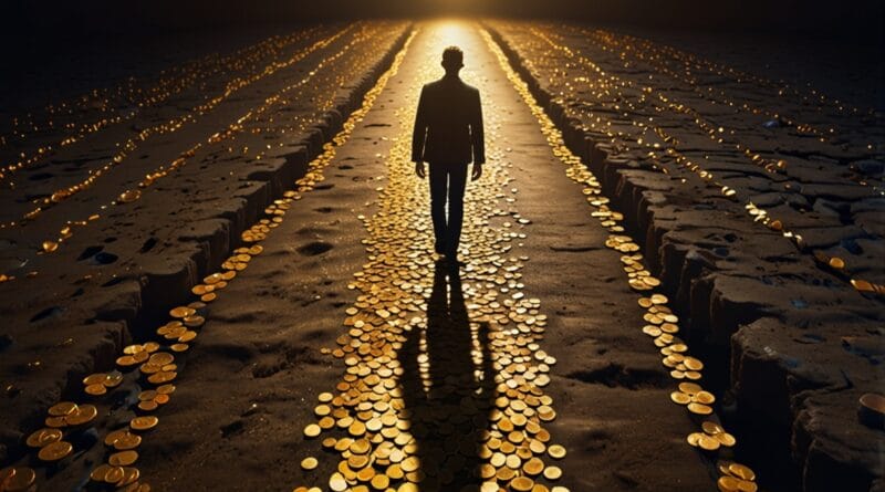 A person walking on a path of floating c 3