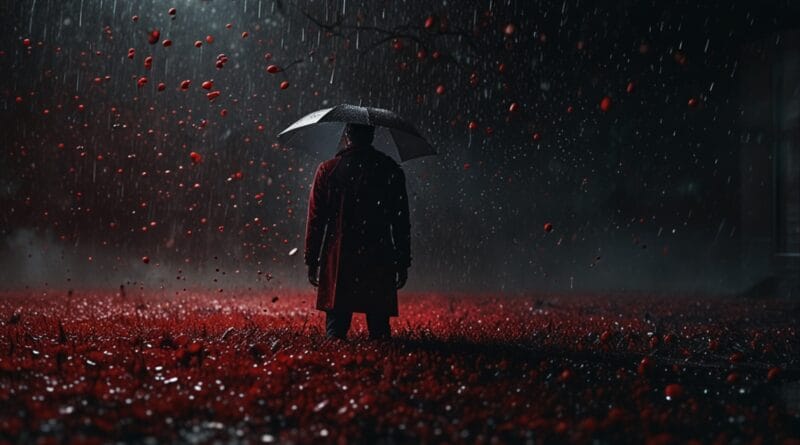 A surreal scene of a person standing in 1