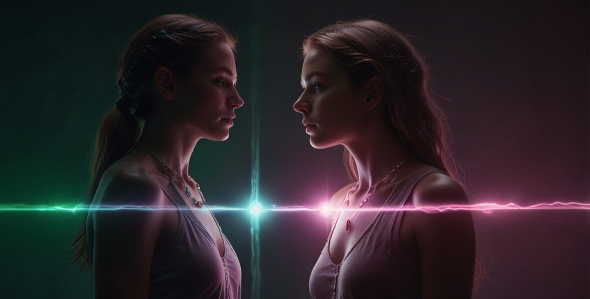 Two souls connected by a beam of pink an 1