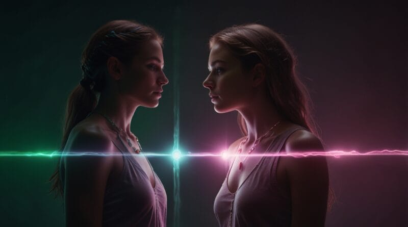 Two souls connected by a beam of pink an 1