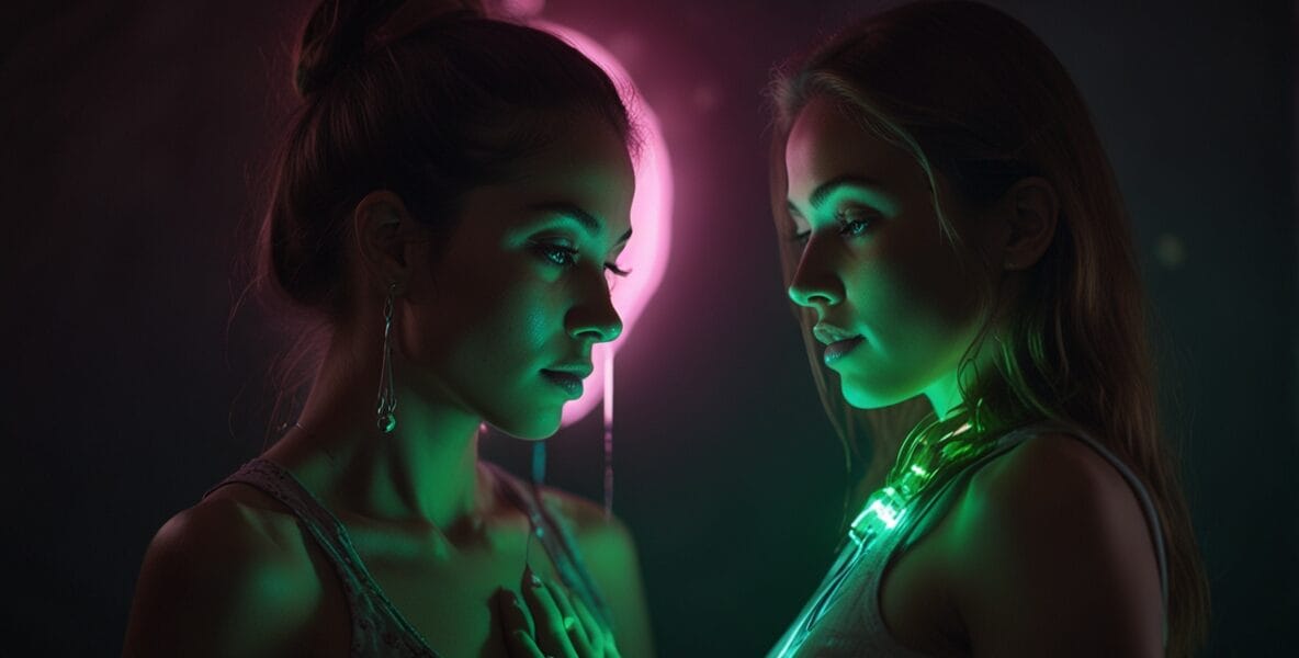 Two souls connected by a beam of pink an 2