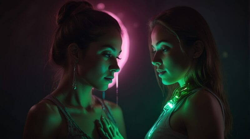 Two souls connected by a beam of pink an 2